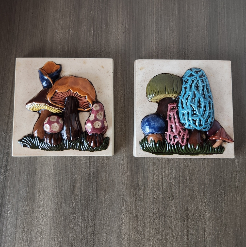 Vintage 1979s Handpainted 3D Mushroom Ceramic Plaques Set Of 2
